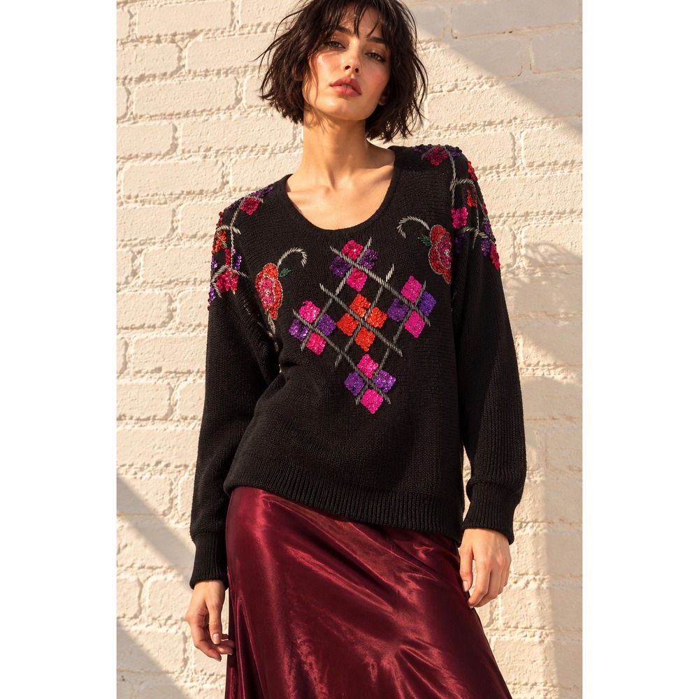 Vintage D.H.I. Black Ramie Cotton Sequin Floral Knit Sweater Size M